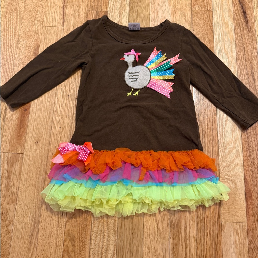 Girls Brown Dress with Colorful Turkey Design